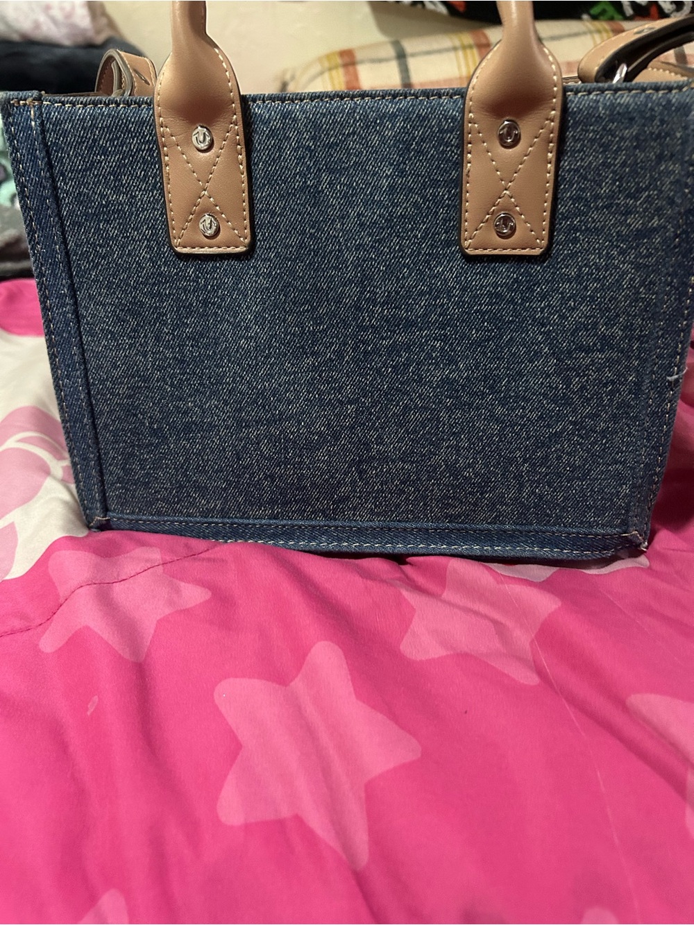 True Religion Blue Denim Satchel with Beige Trim - Picture 3 of 3